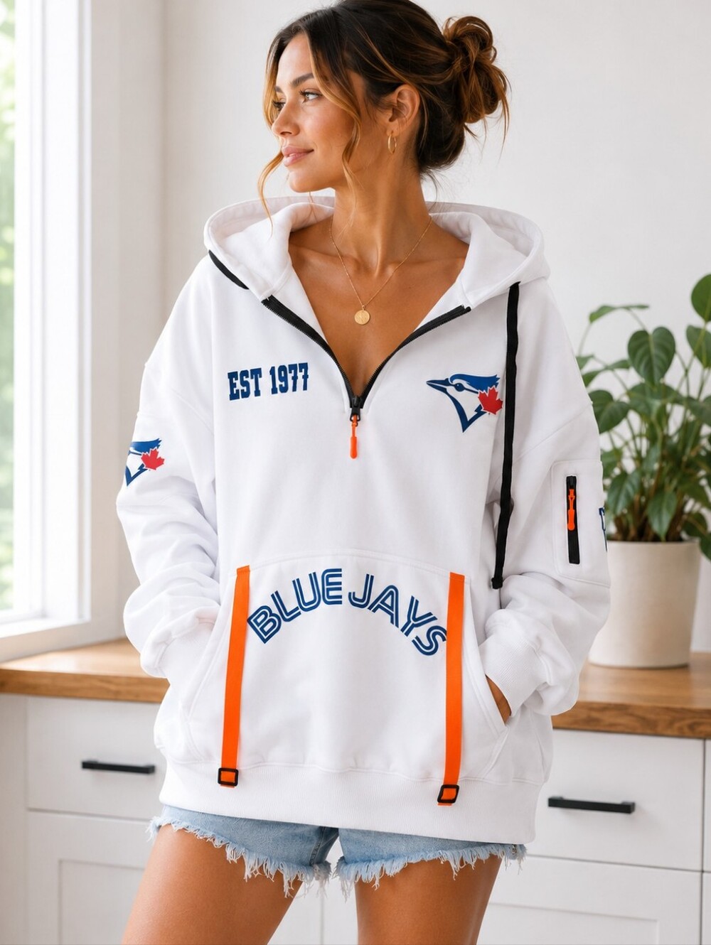 Blue Jays White Half-Zip Hoodie Sweatshirt